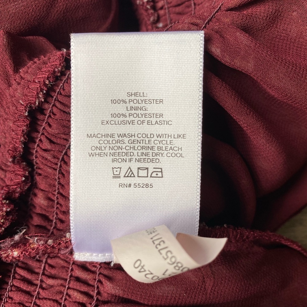 EXPRESS Women's Size L Smocked Blouse Burgundy Ruffle V-Neck - Picture 9 of 11
